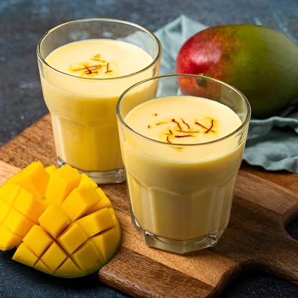 Two glasses of Indian mango lassi with saffron, fresh mangoes on a wooden board.