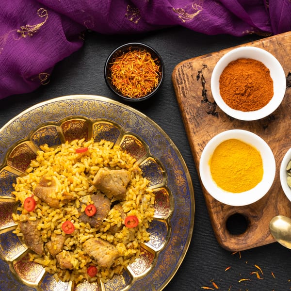 Indian biryani with meat and red chili on a gold plate, surrounded by spices and purple fabric.